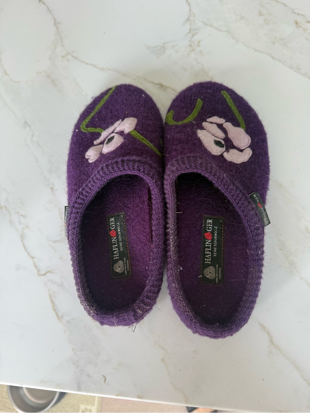 Haflinger Purple Wool Kids Slip-On Slippers with Pink Flower